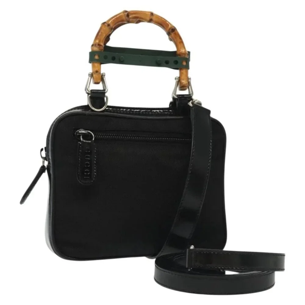 GUCCI Bamboo Hand Bag Nylon 2way Black Silver 007 2040 0275 Auth 141697 - Picture 1 of 16